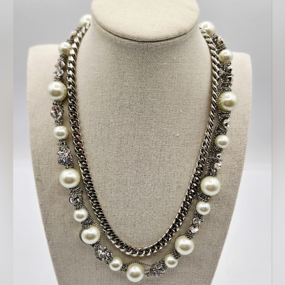 Givenchy Vintage Double Strand Faux Pearl Rhinestone Chain Necklace